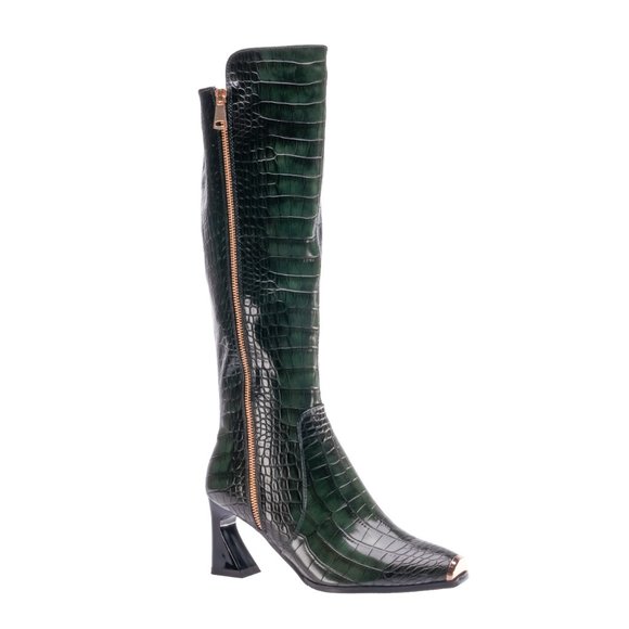 Stylish Vintage Olive Fashion Leather Knee High Heel Crocodile Boot